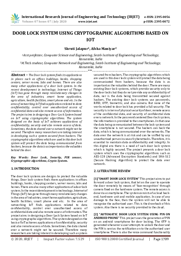 (PDF) IRJET- DOOR LOCK SYSTEM USING CRYPTOGRAPHIC ALGORITHMS BASED ON IOT