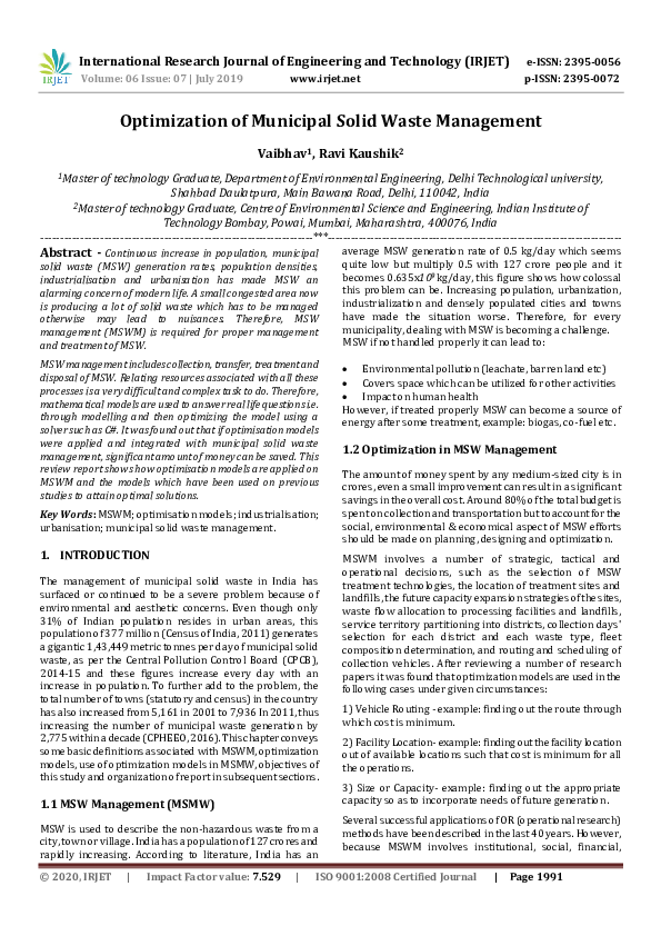 (PDF) IRJET- Optimization of Municipal Solid Waste Management