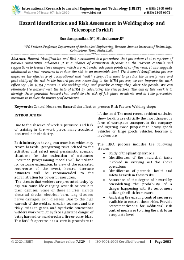 (PDF) IRJET Hazard Identification and Risk Assessment in Welding shop