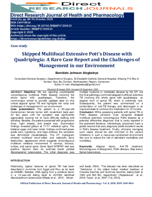 (PDF) SKIPPED MULTIFOCAL EXTENSIVE POTT’S DISEASE WITH QUADRIPLEGIA A