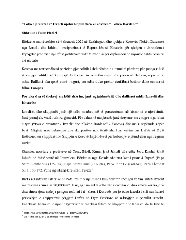 (DOC) "Toka e premtuar" Izraeli njohu Republikën e Kosovës " Tokën Dardane" Fatos Haziri
