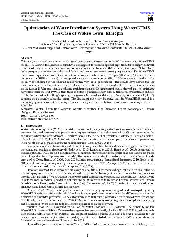 (PDF) Optimization of Water Distribution System Using WaterGEMS: The ...