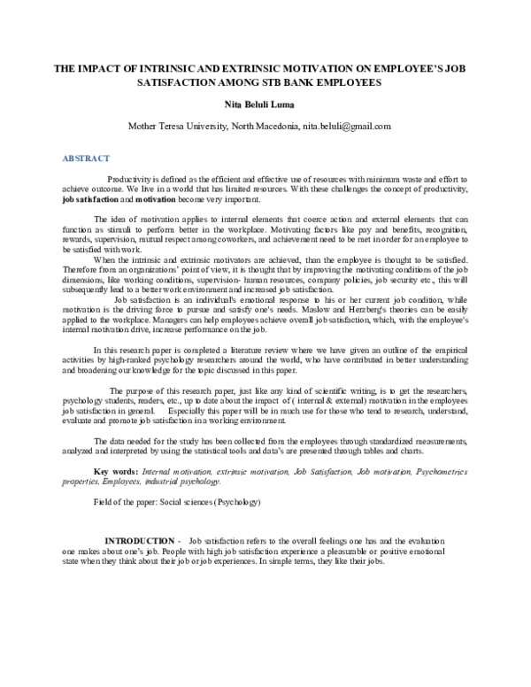 Doc The Impact Of Intrinsic And Extrinsic Motivation On Employee S Doc The Impact Of Intrinsic And Extrinsic Motivation On Employee S