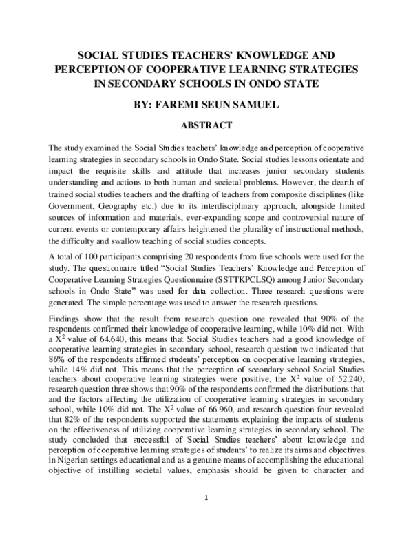 (PDF) SOCIAL STUDIES TEACHERS' KNOWLEDGE AND PERCEPTION OF COOPERATIVE ...