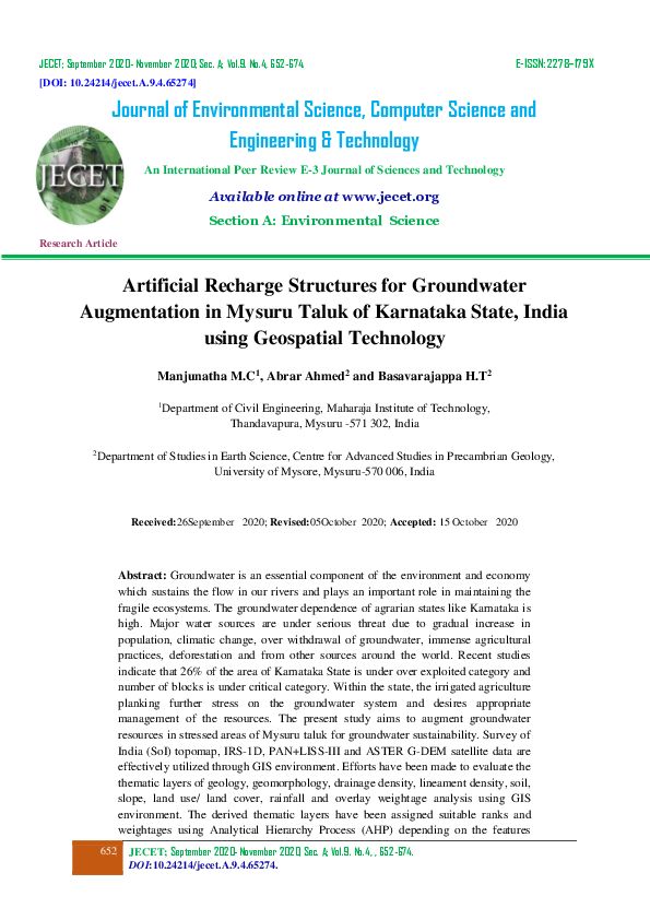 (PDF) Artificial Recharge Structures for Groundwater Augmentation in