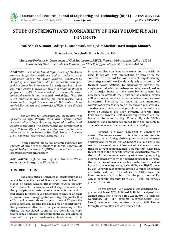 (PDF) IRJET- STUDY OF STRENGTH AND WORKABILITY OF HIGH VOLUME FLY ASH ...