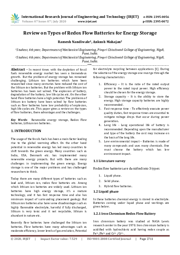(PDF) IRJET- Review on Types of Redox Flow Batteries for Energy Storage