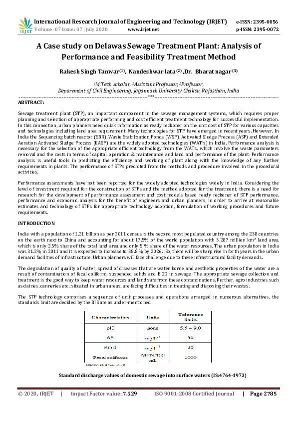 (PDF) IRJET- A Case study on Delawas Sewage Treatment Plant: Analysis ...