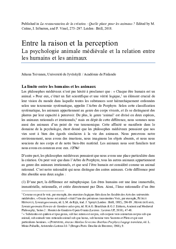 (PDF) Entre la raison et la perception. La psychologie animale ...