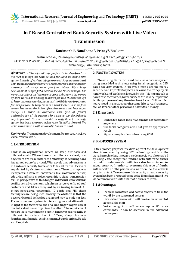Pdf Irjet Iot Based Centralized Bank Security System With Live Video