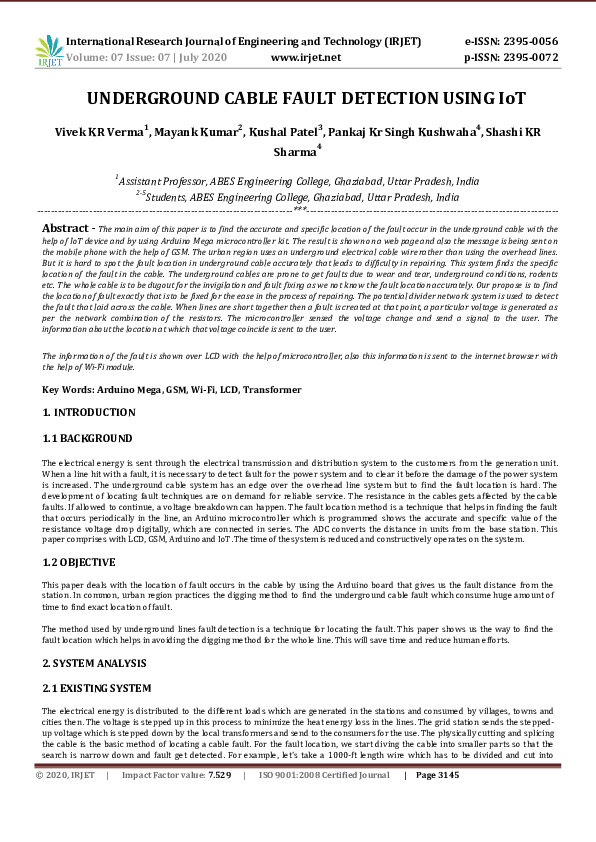 (PDF) IRJET UNDERGROUND CABLE FAULT DETECTION USING IoT IRJET Journal Academia.edu