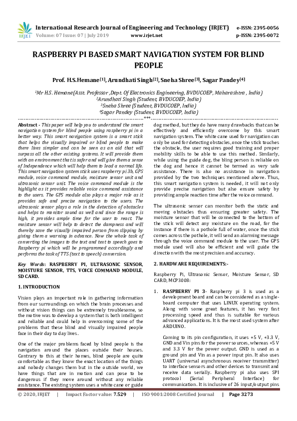 (PDF) IRJET- RASPBERRY PI BASED SMART NAVIGATION SYSTEM FOR BLIND PEOPLE