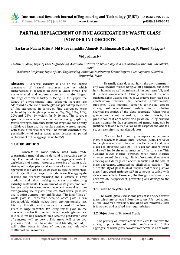 (PDF) IRJET- PARTIAL REPLACEMENT OF FINE AGGREGATE BY WASTE GLASS ...