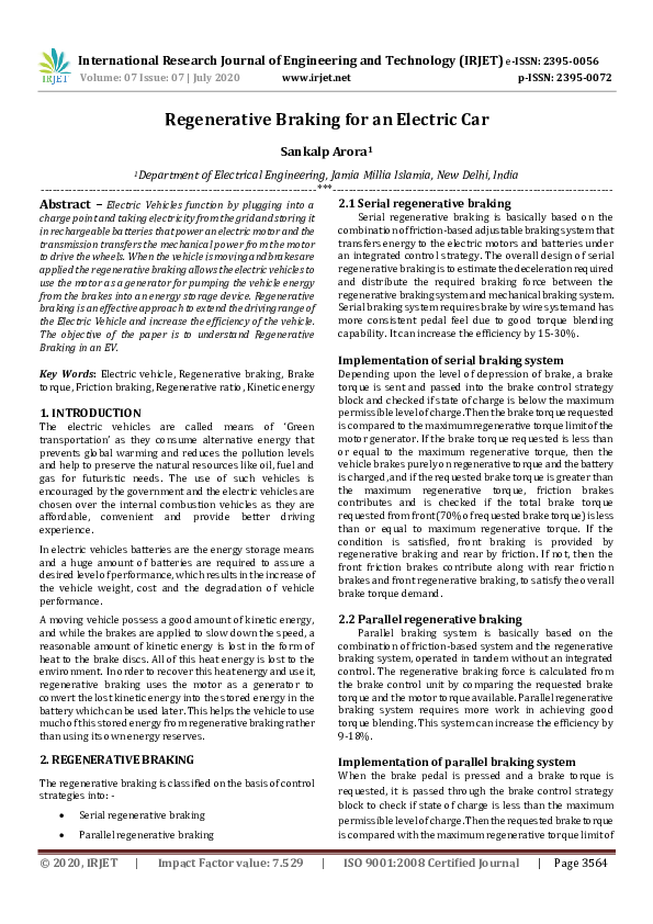 (PDF) IRJET-Regenerative Braking for an Electric Car