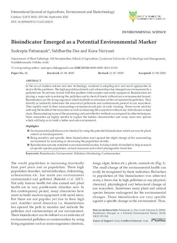 (PDF) ENVIRONMENTAL SCIENCE Bioindicator Emerged as a Potential ...