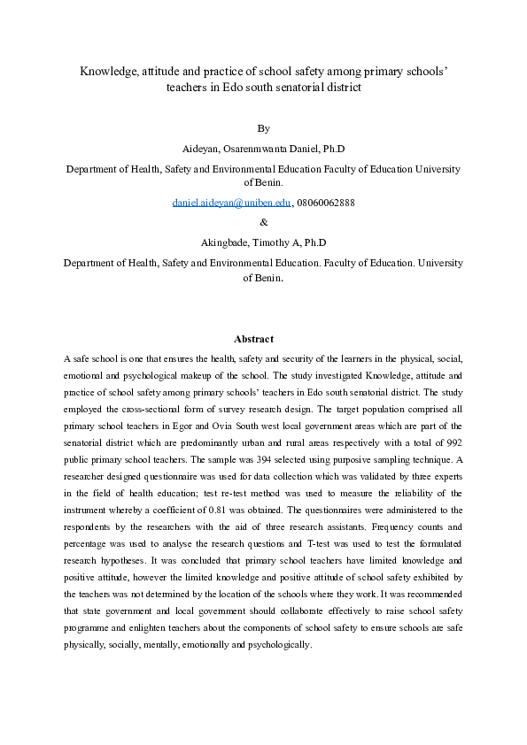 (DOC) Knowledge, attitude and practice of school safety among primary ...