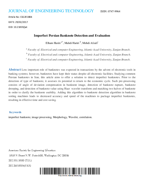 (PDF) Imperfect Persian Banknote Detection and Evaluation