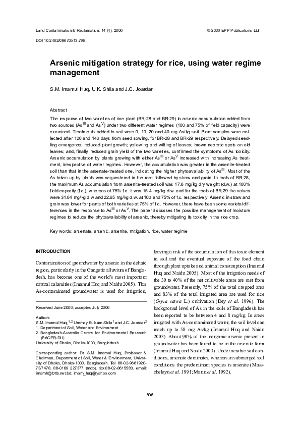 (PDF) Arsenic mitigation strategy for rice, using water regime management