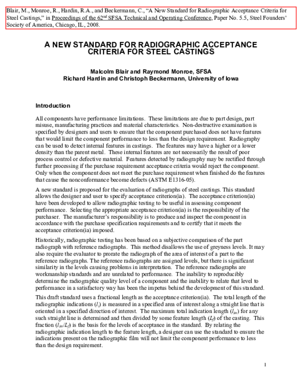 (PDF) A NEW STANDARD FOR RADIOGRAPHIC ACCEPTANCE CRITERIA FOR STEEL