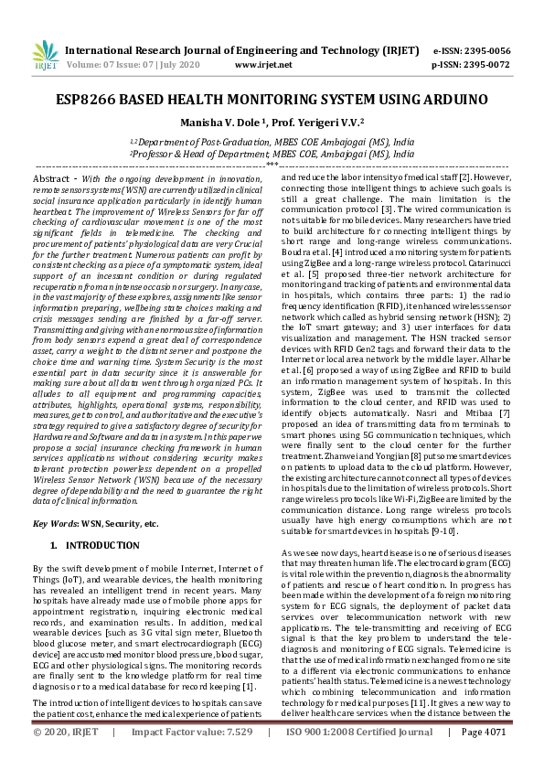(PDF) IRJET- ESP8266 BASED HEALTH MONITORING SYSTEM USING ARDUINO