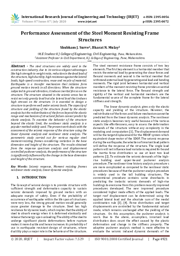 (PDF) IRJET- Performance Assessment of the Steel Moment Resisting Frame ...