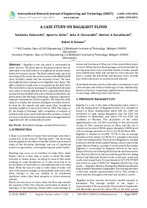 (PDF) IRJET- A CASE STUDY ON BAGALKOT FLOOD
