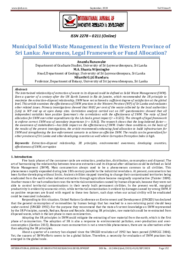 (PDF) Municipal Solid Waste Management in the Western Province of Sri ...