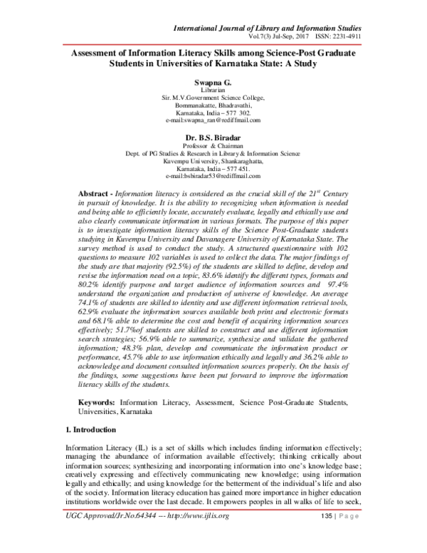 (PDF) Assessment of Information Literacy Skills among Science-Post ...