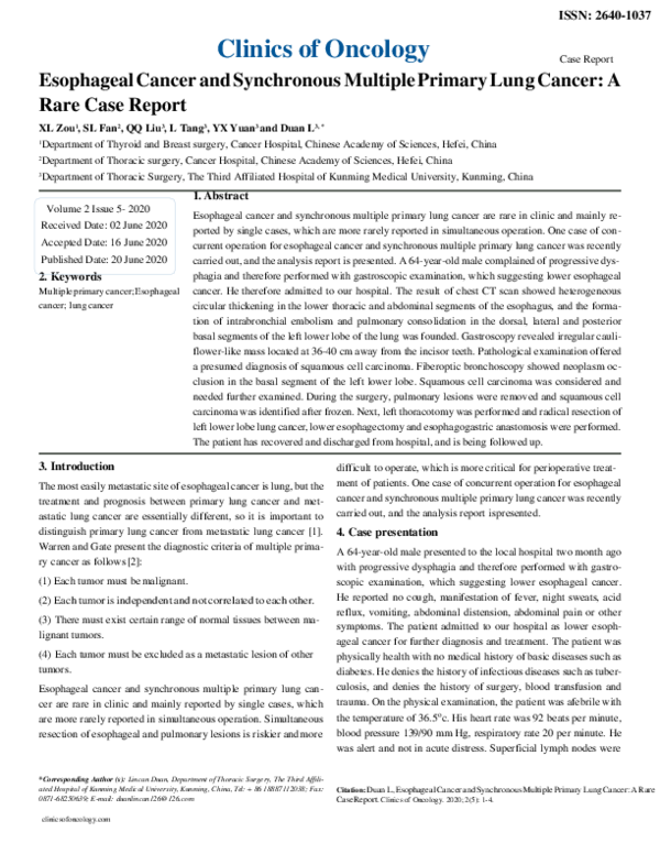 (PDF) Esophageal Cancer and Synchronous Multiple Primary Lung Cancer: A ...