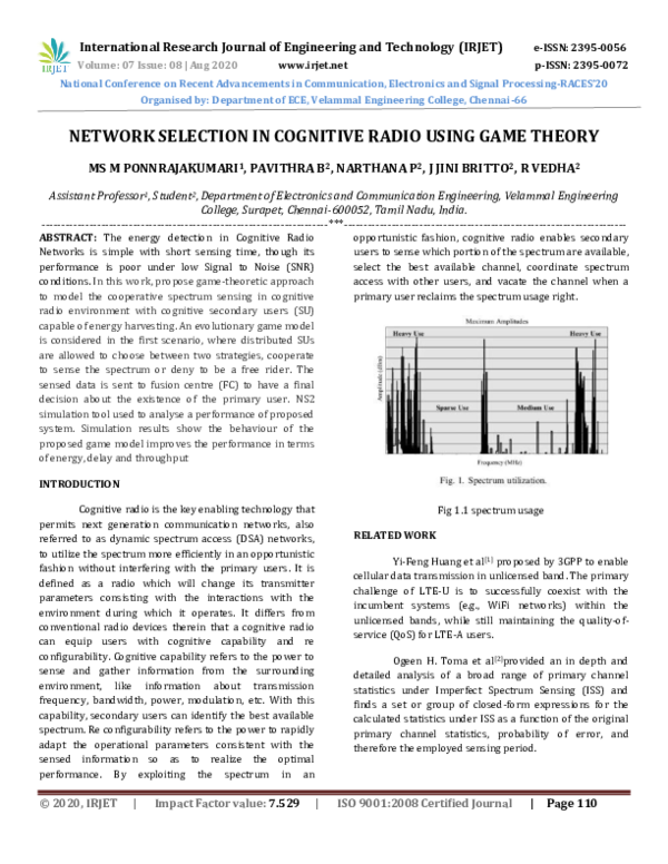 (PDF) IRJET- NETWORK SELECTION IN COGNITIVE RADIO USING GAME THEORY