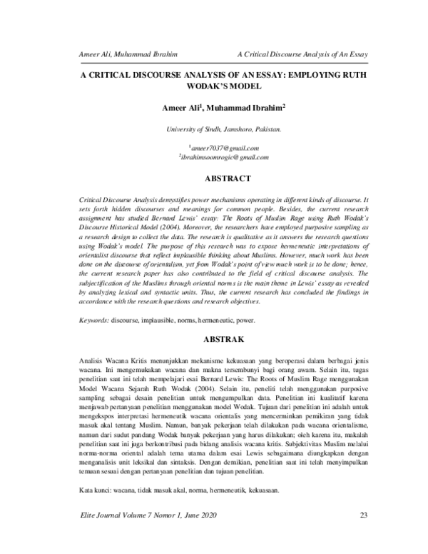  PDF A CRITICAL DISCOURSE ANALYSIS OF AN ESSAY EMPLOYING RUTH WODAK S 