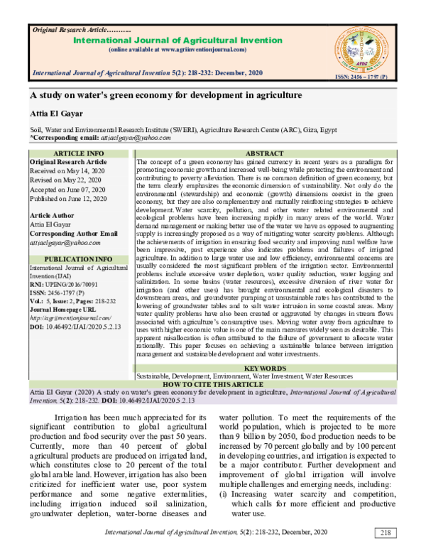 (PDF) A study on water's green economy for development in agriculture