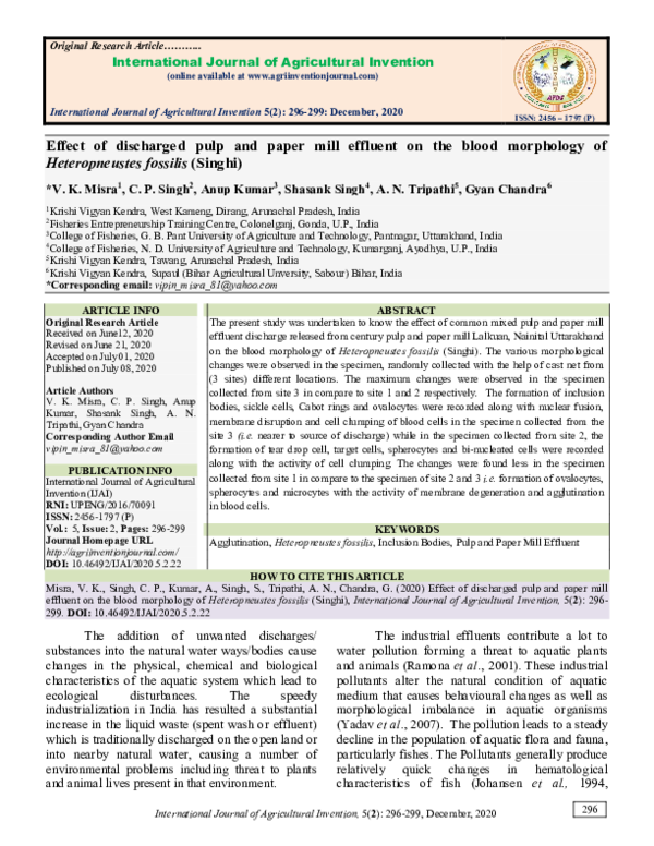 (PDF) Effect of discharged pulp and paper mill effluent on the blood ...