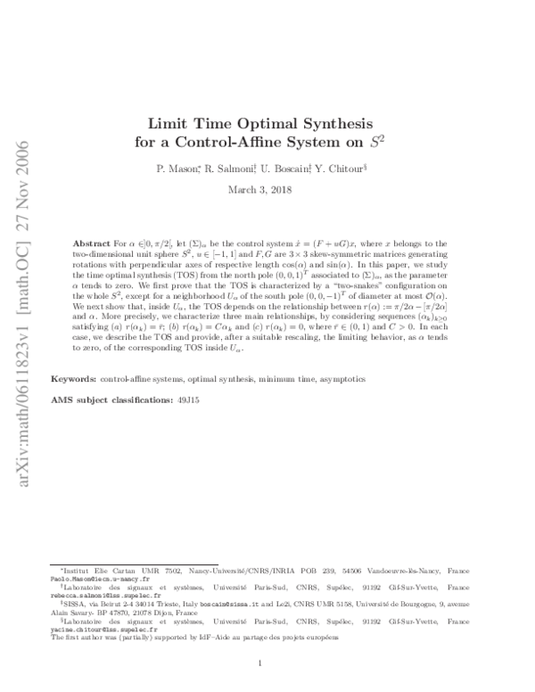 (PDF) Limit Time Optimal Synthesis for a Control-Affine System on $S^2$
