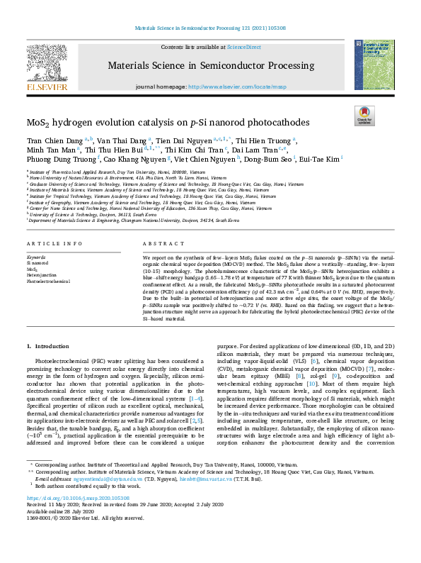 (PDF) MoS2 hydrogen evolution catalysis on p-Si nanorod photocathodes