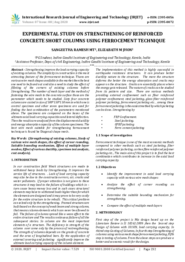 (PDF) IRJET- EXPERIMENTAL STUDY ON STRENGTHENING OF REINFORCED CONCRETE ...