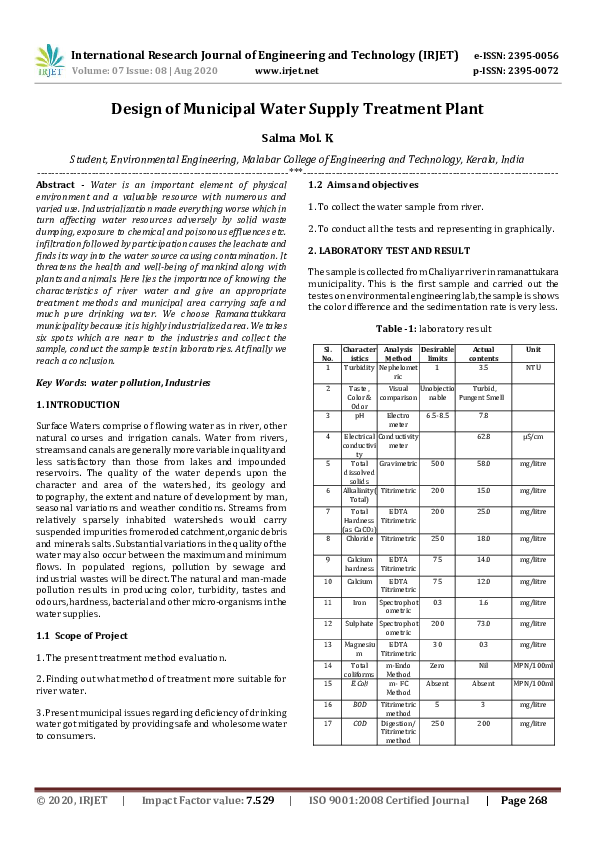 (PDF) Design of Municipal Water Supply Treatment Plant IRJET Journal