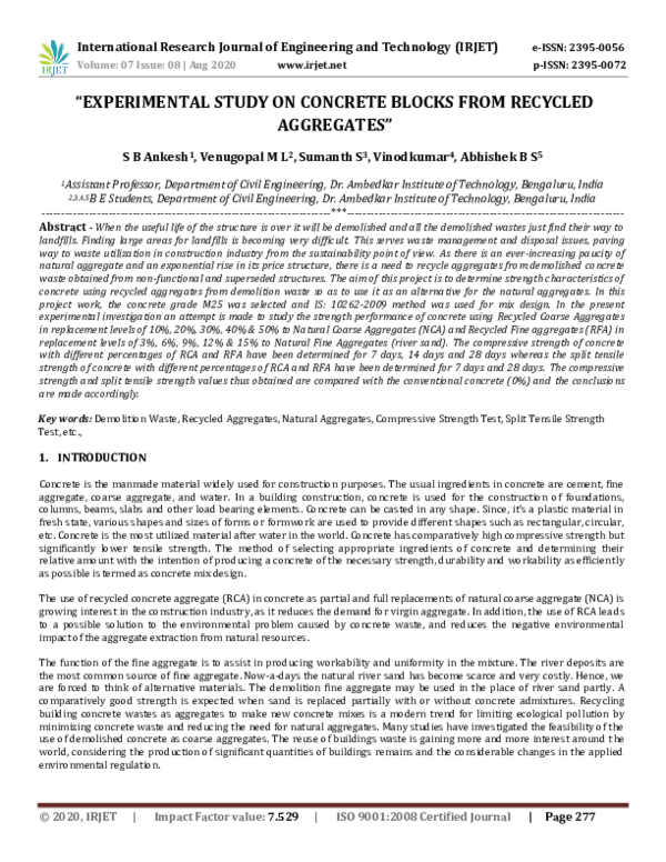 (PDF) IRJET- "EXPERIMENTAL STUDY ON CONCRETE BLOCKS FROM RECYCLED ...