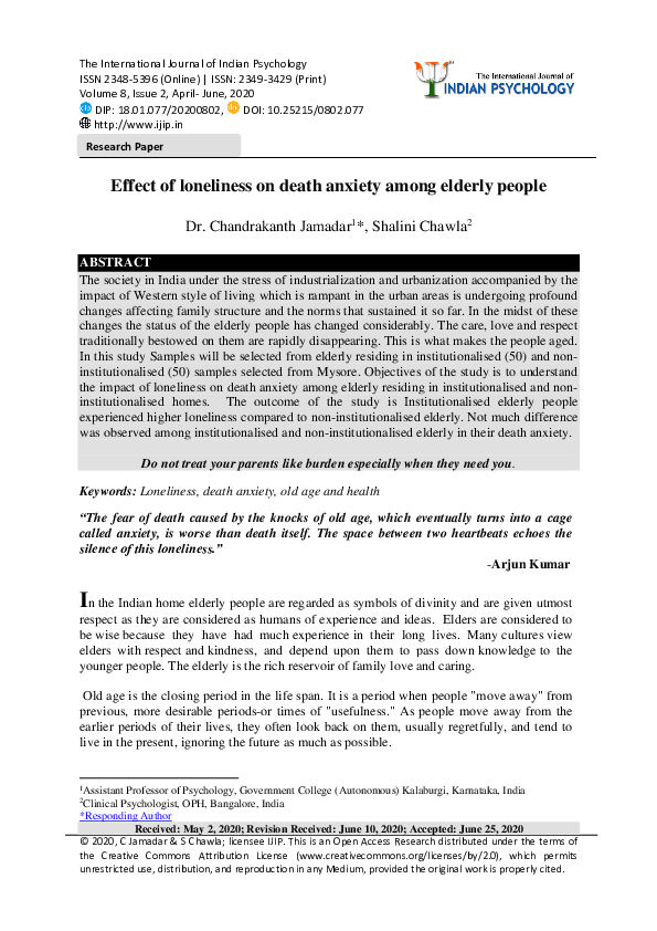 (PDF) Effect of loneliness on death anxiety among elderly people