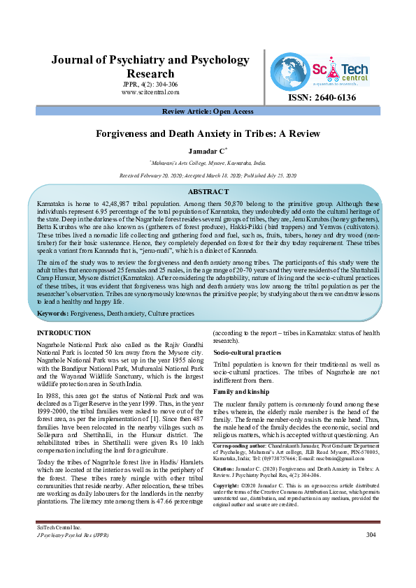 (PDF) Forgiveness and Death Anxiety in Tribes: A Review