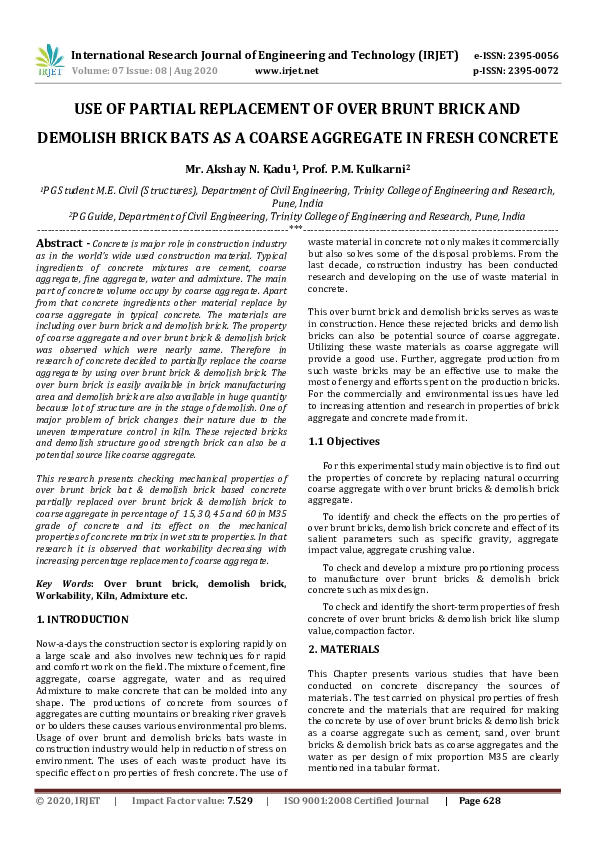 (PDF) IRJET- USE OF PARTIAL REPLACEMENT OF OVER BRUNT BRICK AND ...