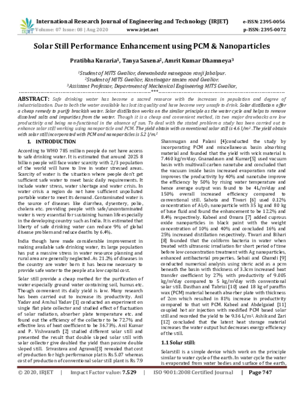 (PDF) IRJET- Solar Still Performance Enhancement using PCM & Nanoparticles