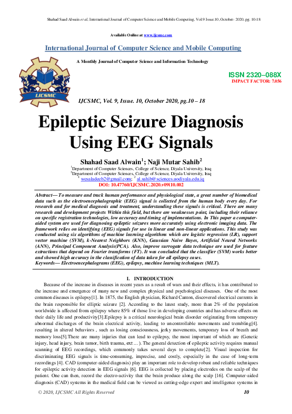 (PDF) Epileptic Seizure Diagnosis Using EEG Signals