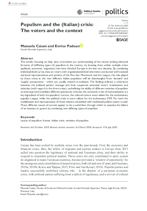 (PDF) Populism and the (Italian) crisis: The voters and the context