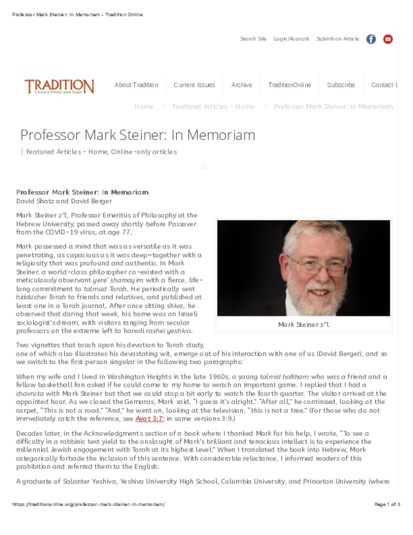 (PDF) David Shatz and David Berger, “Professor Mark Steiner: In ...