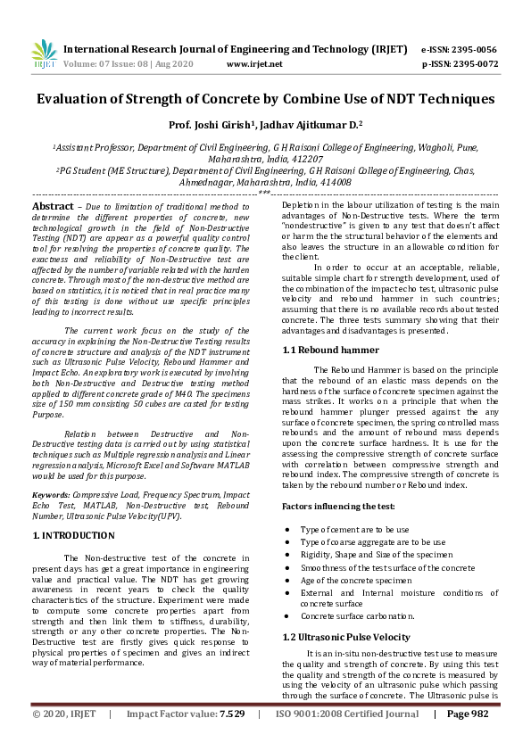 (PDF) IRJET- Evaluation of Strength of Concrete by Combine Use of NDT ...