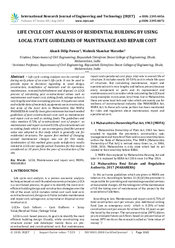 (PDF) IRJET- LIFE CYCLE COST ANALYSIS OF RESIDENTIAL BUILDING BY USING ...