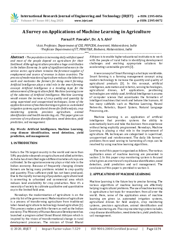 (PDF) IRJET- A Survey on Applications of Machine Learning in Agriculture
