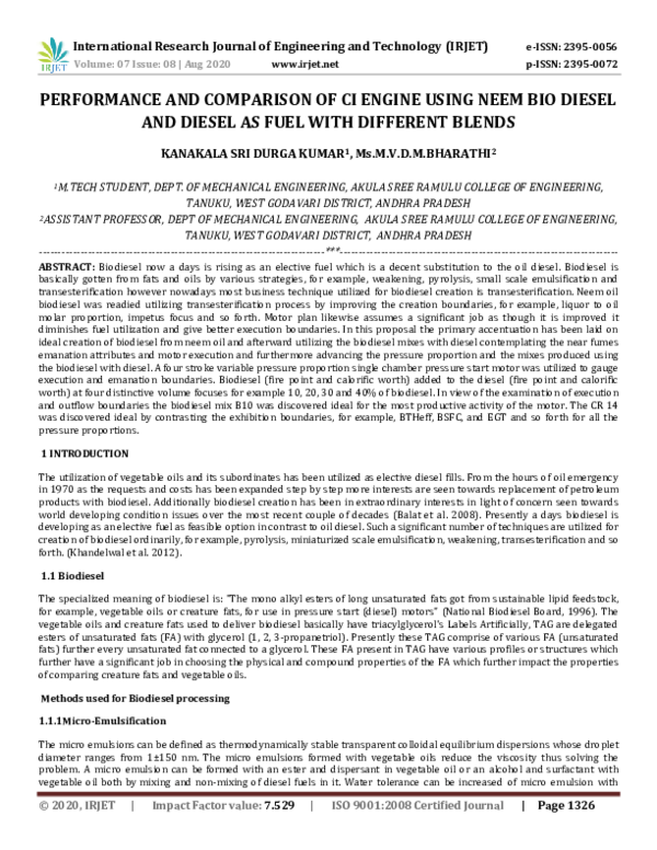 (PDF) IRJET- PERFORMANCE AND COMPARISON OF CI ENGINE USING NEEM BIO ...