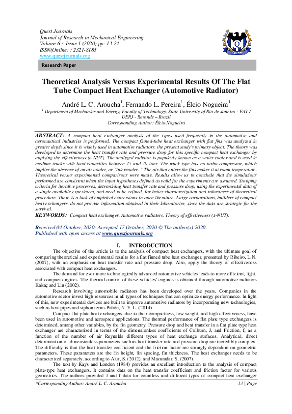 (PDF) Theoretical Analysis Versus Experimental Results Of The Flat Tube ...